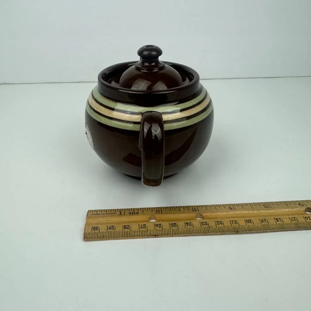 Vtg Single Serve Brown Genuine Old English Redware Teapot‎ w Green Tan Stripes
